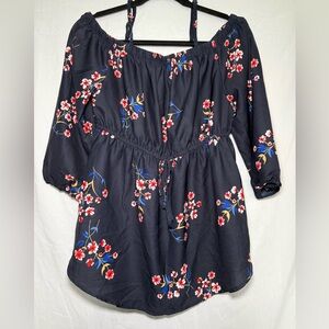 Hint‎ of Blush Navy Floral Off Shoulder Smocked Waist 3/4 Sleeve Blouse M